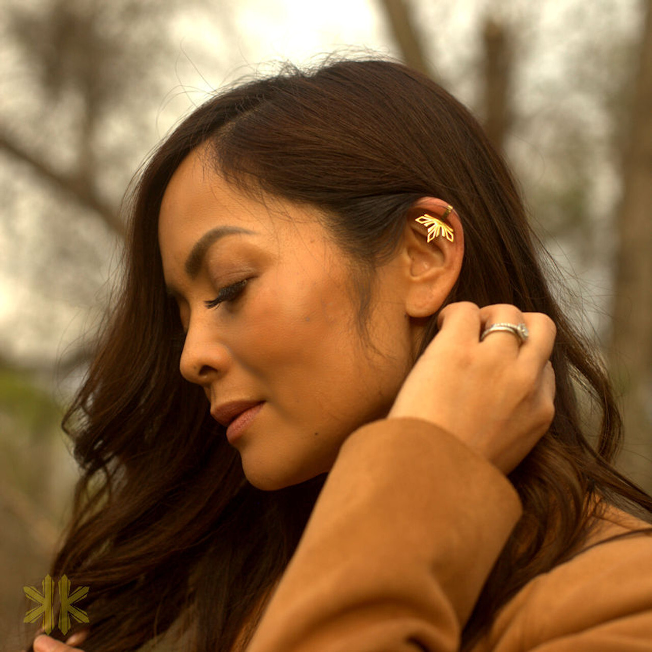 Jae wearing the gold Mayari Ear Cuff for our photoshoot