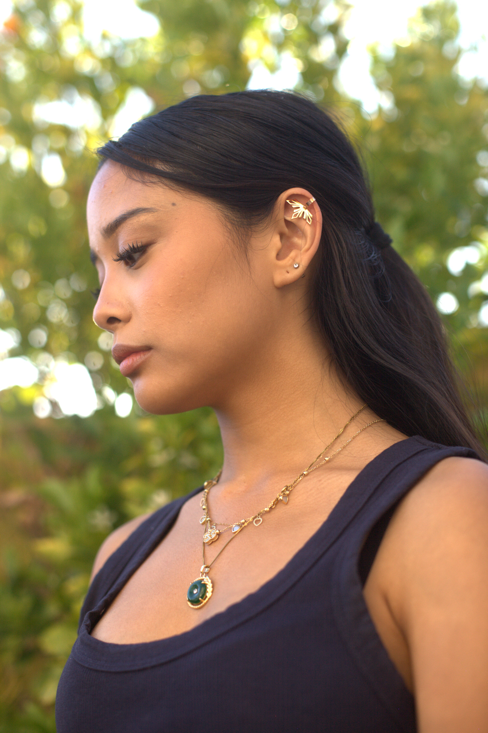 Kenzy wearing the gold Mayari Ear Cuff for our photoshoot