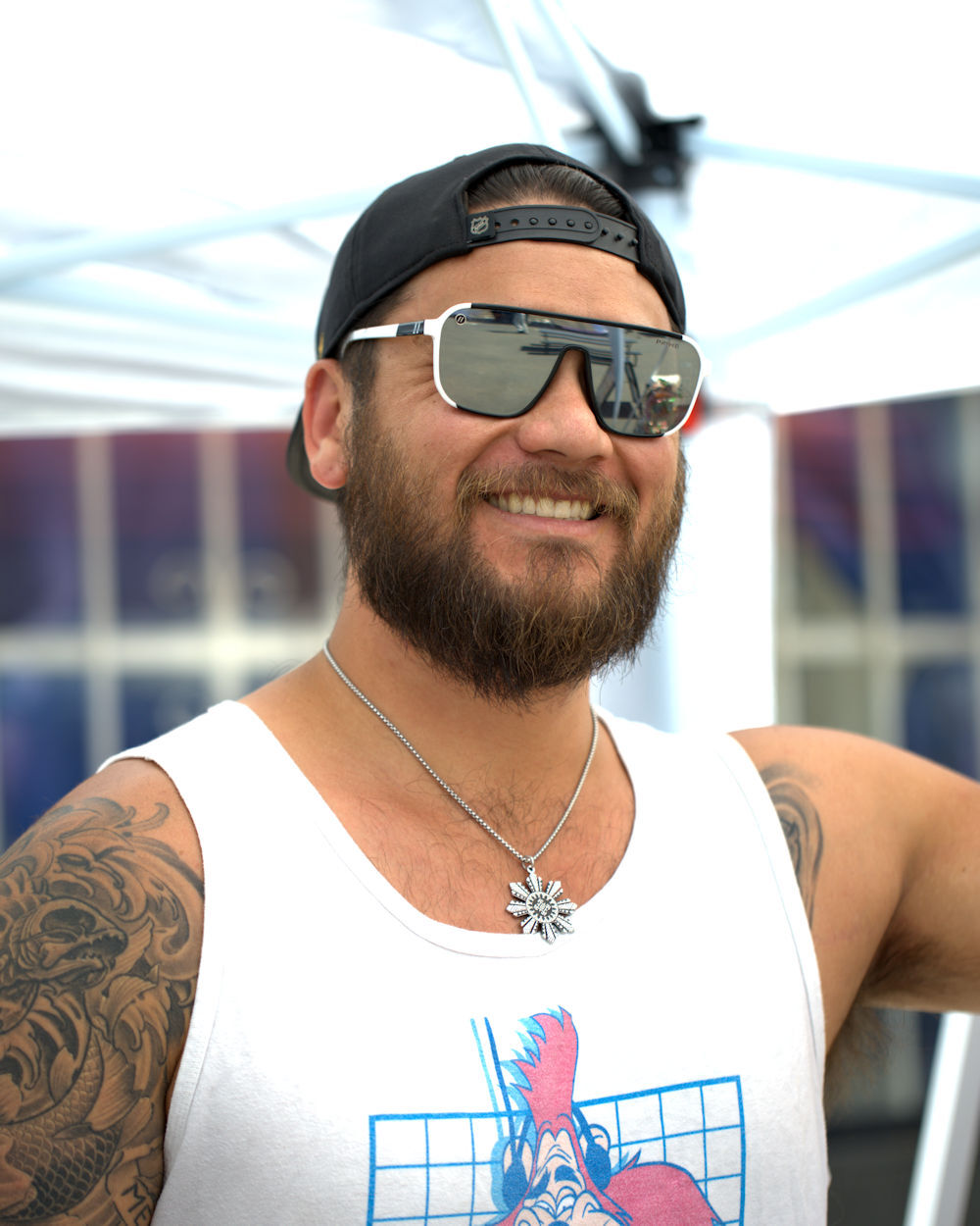 Fellow vendor from Kyoto wearing the black Lakas Tribal Necklace at National City Flea